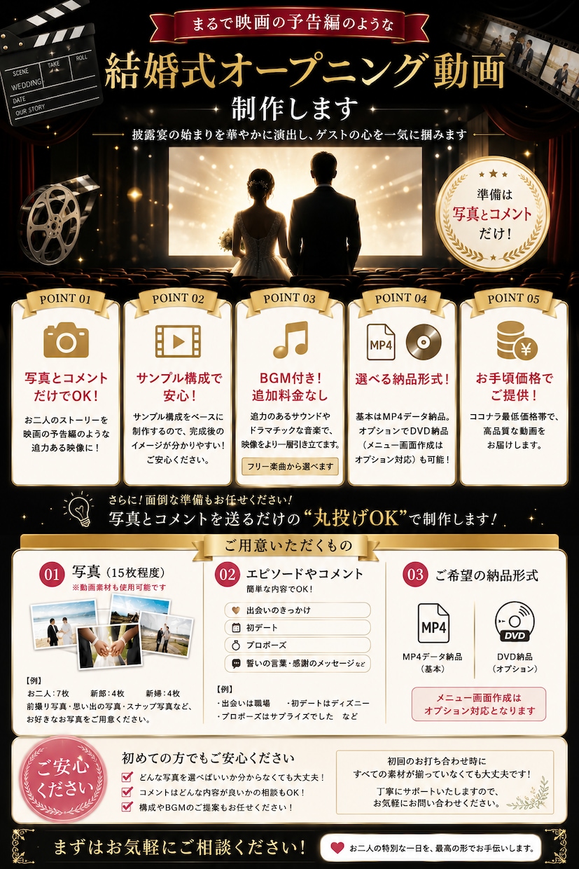 映画予告風の結婚式オープニング動画を作ります 画像とコメントのみでお二人だけの動画を作成できます！ イメージ1