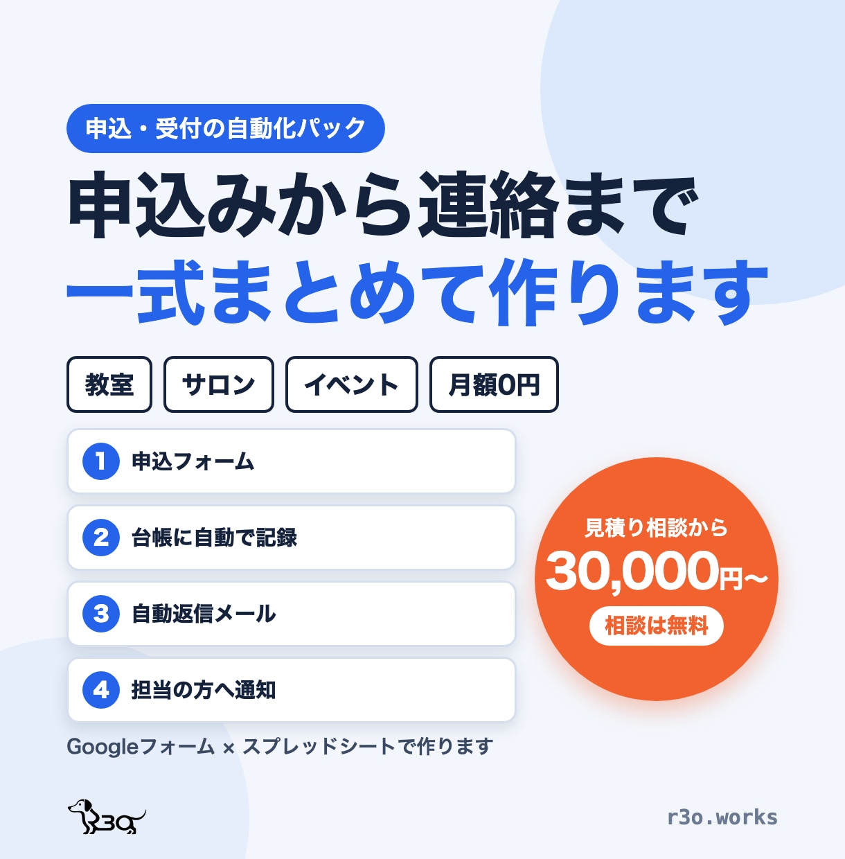 申込フォームから台帳・自動返信まで一式作ります 教室・サロンの受付と連絡を自動にします イメージ1