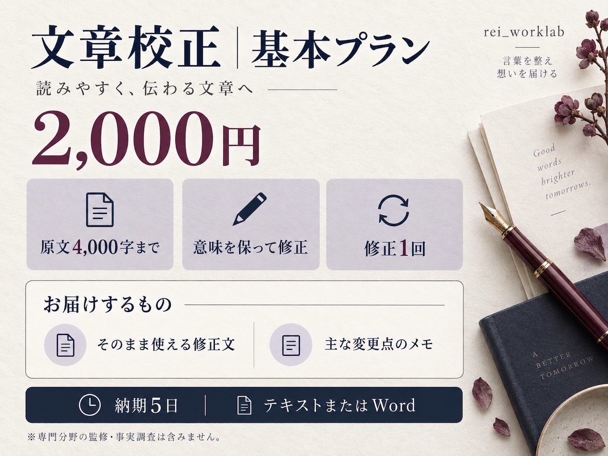 4000字まで文章を校正し読みやすく整えます 誤字・表記ゆれ・言い回しを整理、主な変更点メモ付き イメージ2