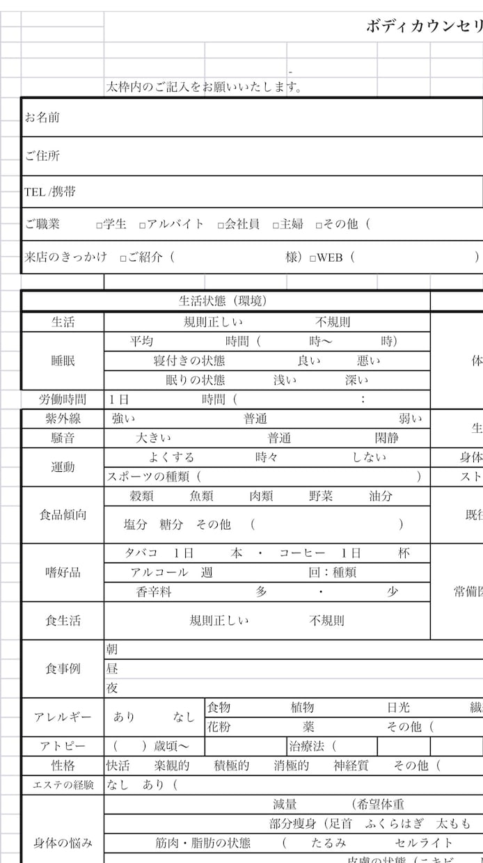 BODY・FAカウンセリングデータ送ります BODY・FACIAL用カウンセリングシートExcelデータ イメージ1