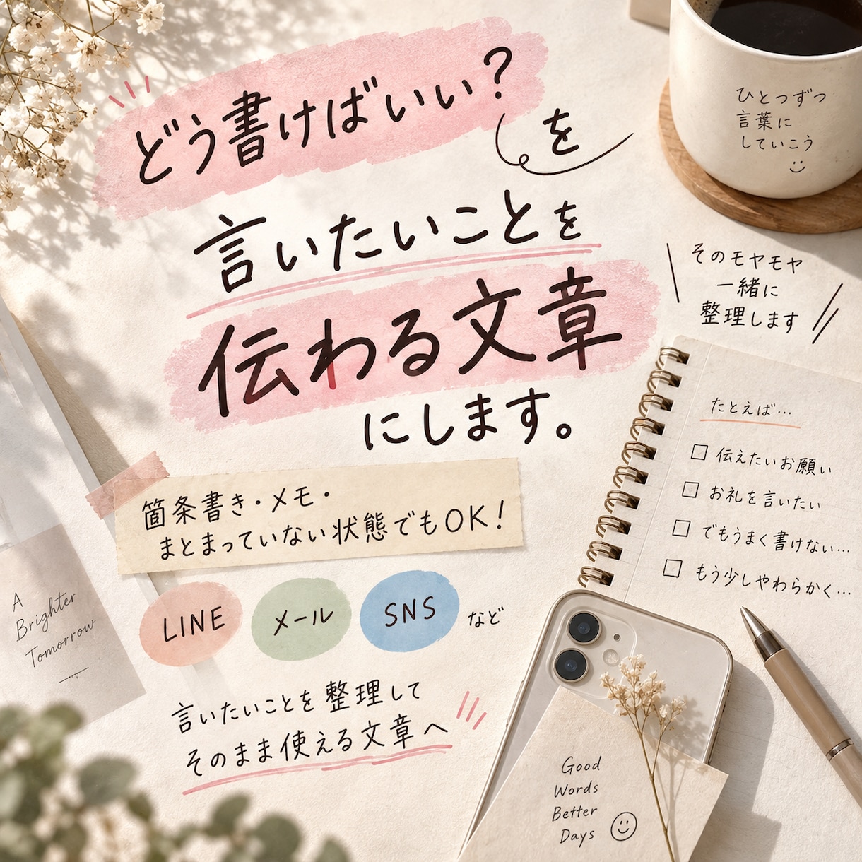 言いたいことを相手に伝わる文章にします まとまっていないメモから、伝わる文章に整えます。 イメージ1