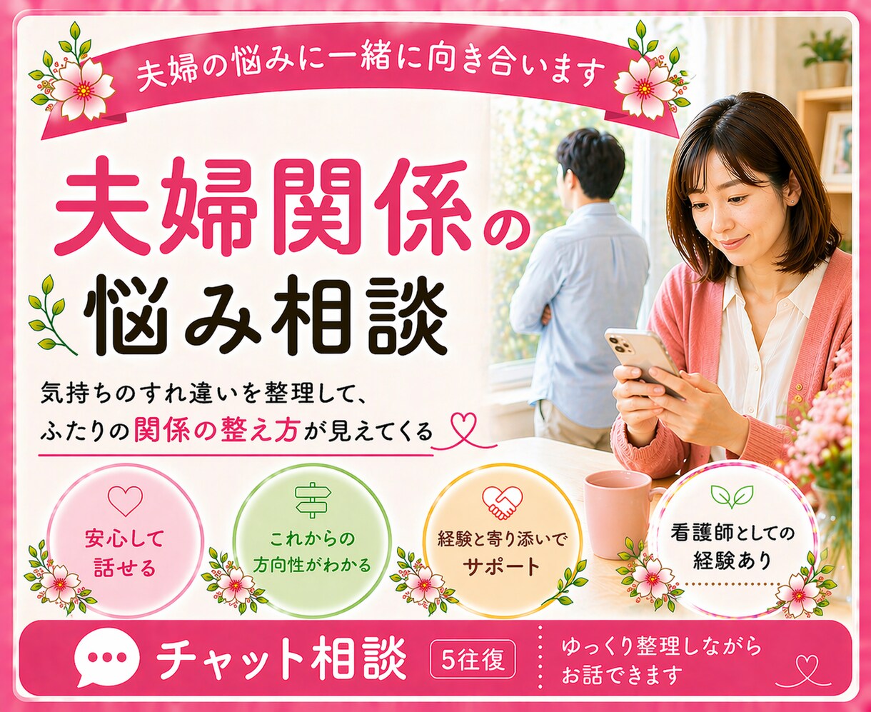 夫婦関係に悩む方へ／気持ちを一緒に整理します 夫婦間のズレ・モヤモヤから軌道修正するチャット相談5往復 イメージ1