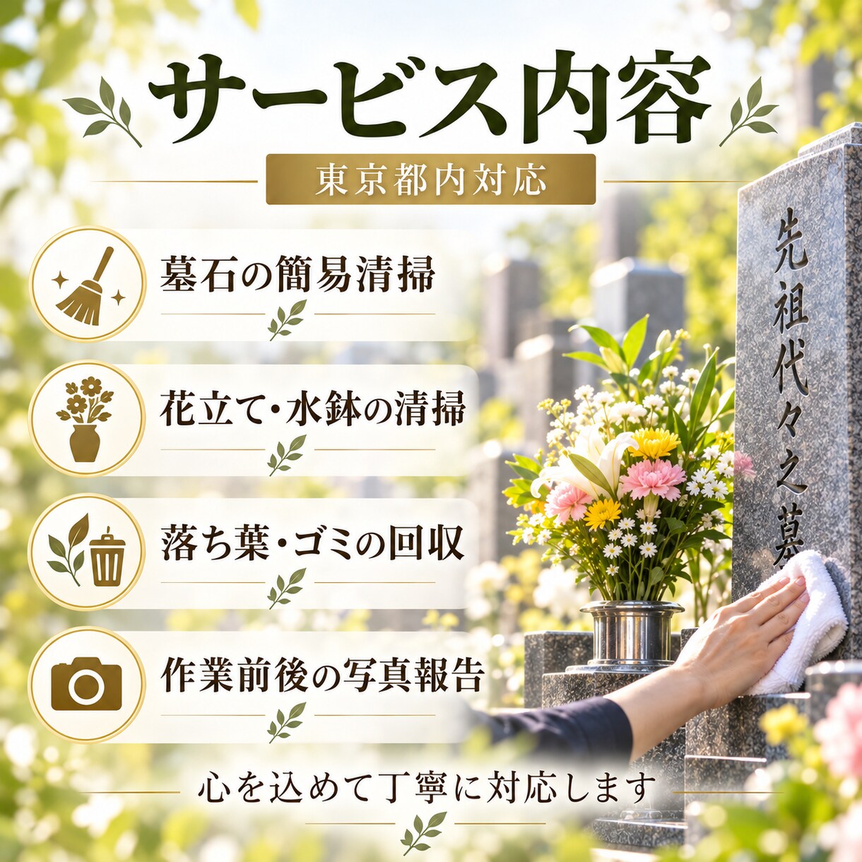 大切な方への想いを込めてお墓参りを代行します ただのお掃除ではなく、あなたの大切な想いまでお届けします イメージ2
