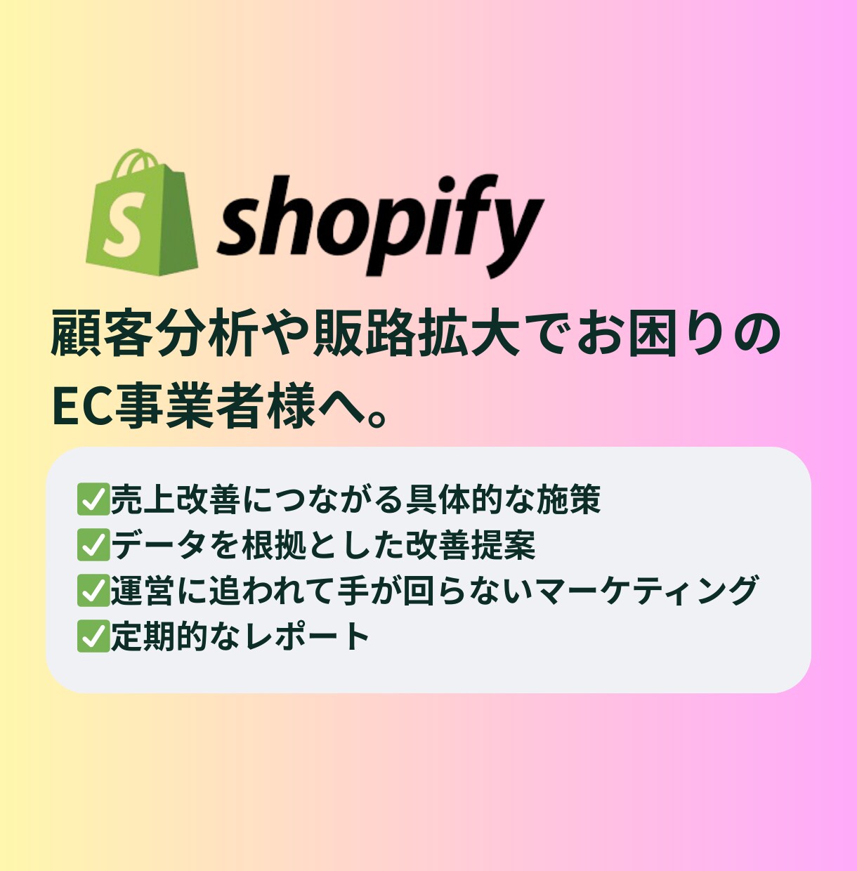 Shopifyマーケ支援｜売上改善相談のります データ分析で伸び悩むEC事業者を救いたい！顧客分析・販路拡大 イメージ1