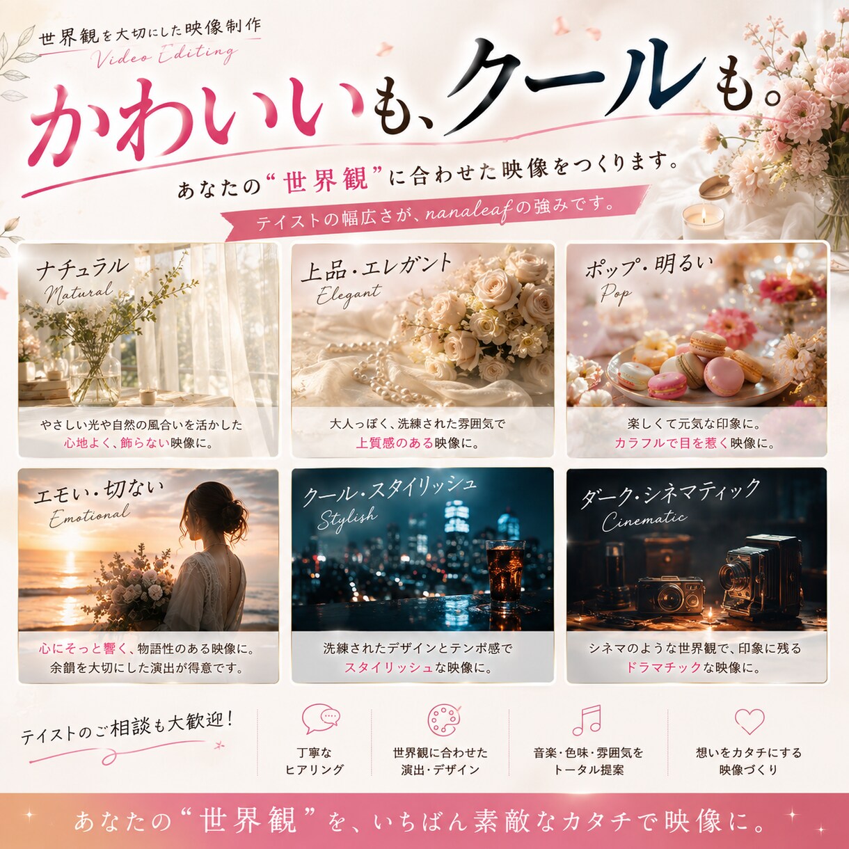 想いと世界観が伝わる動画編集をします 女性クリエイターが丁寧にヒアリング｜幅広いテイストに対応 イメージ3