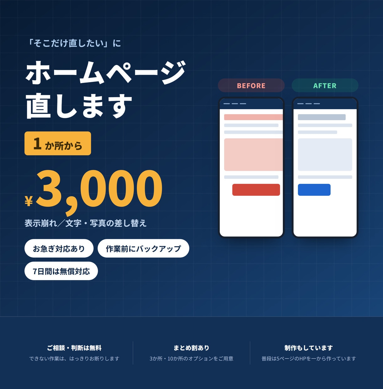 ホームページの小さな修正を3,000円で承ります 表示崩れ、文字や写真の差し替え。1〜3日でお返しします イメージ1