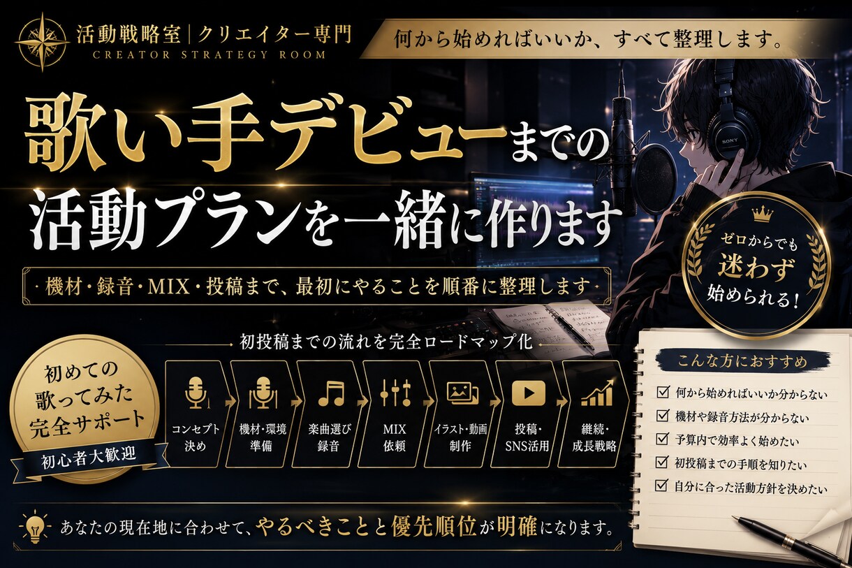 歌い手やVtuberデビューに向けて整理します 機材・録音・MIX・投稿まで最初にやることを順番に整理します イメージ1