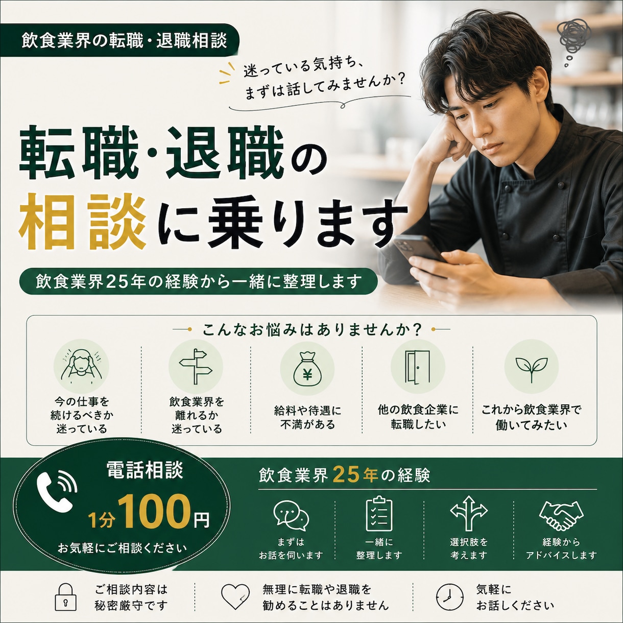 飲食業界の転職・退職の相談に乗ります 飲食業界25年の経験から一緒に整理します イメージ1