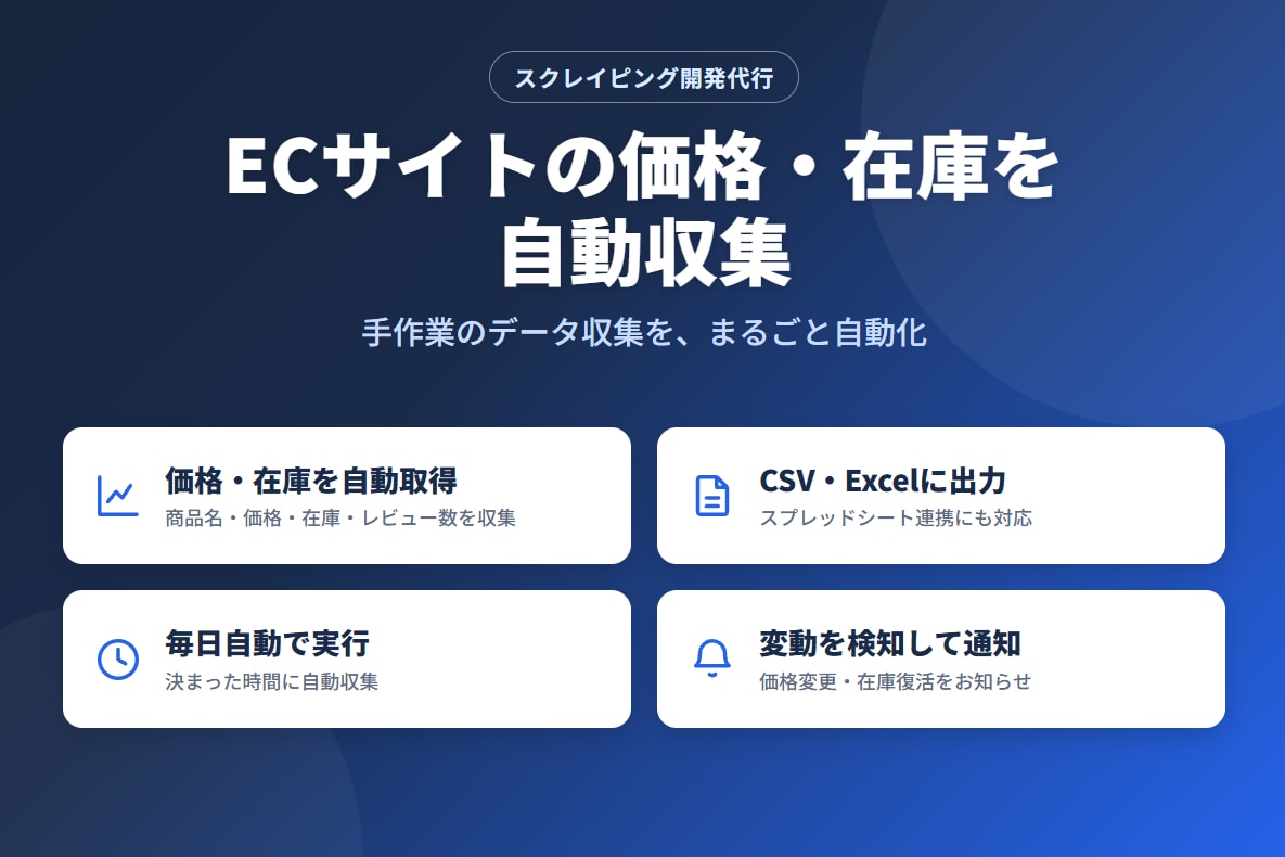ECサイトの価格・在庫を自動収集します 実務8年のエンジニアが対応｜まずは無料相談 イメージ1