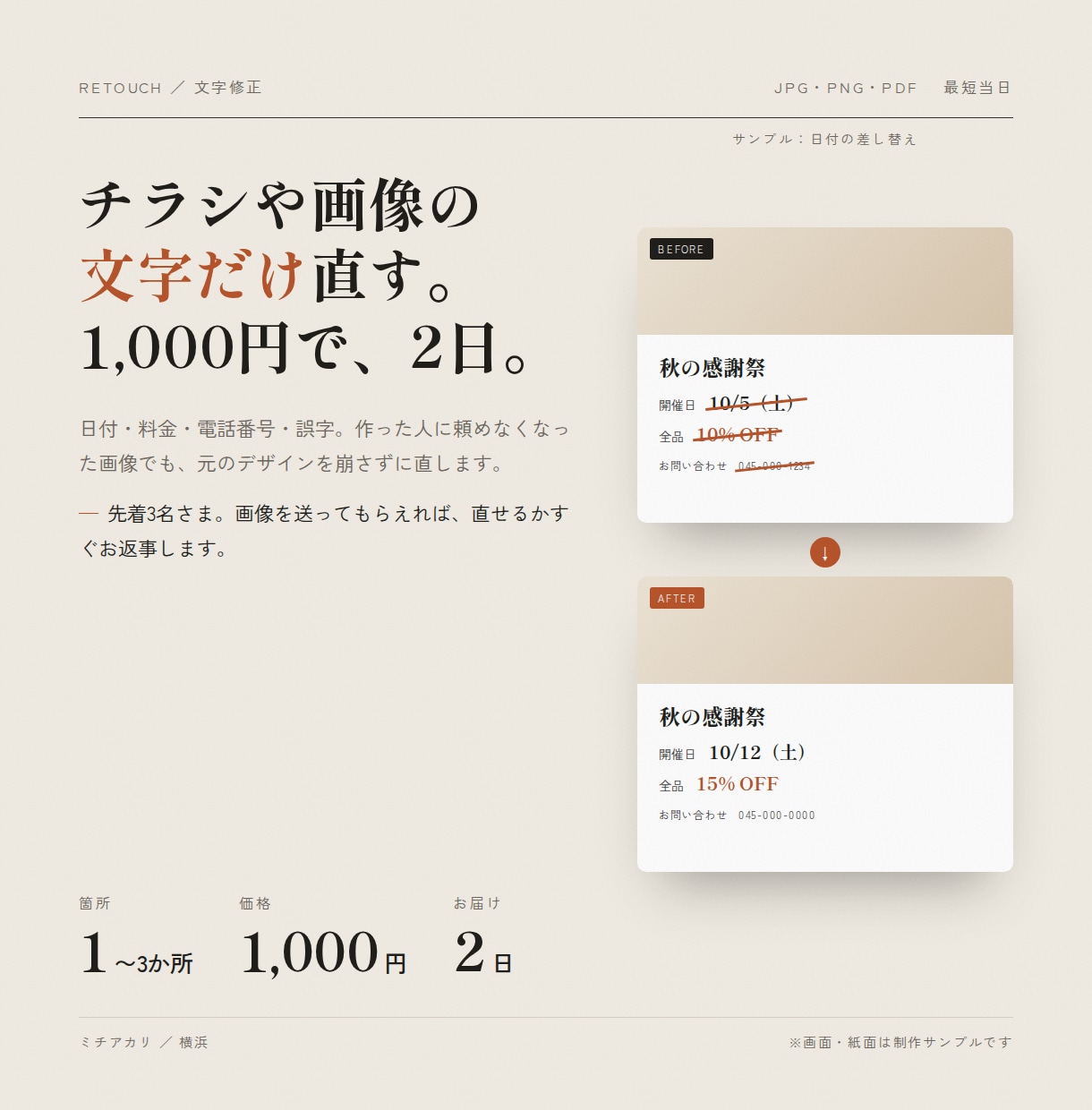画像・チラシの文字を1,000円で修正します 日付・料金・電話番号など、1か所からお直しします イメージ1