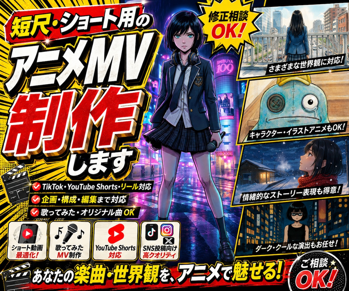 短尺・ショート用のアニメMV制作します サビだけ・1コーラス・SNS告知用に｜低予算でアニメMV化 イメージ1