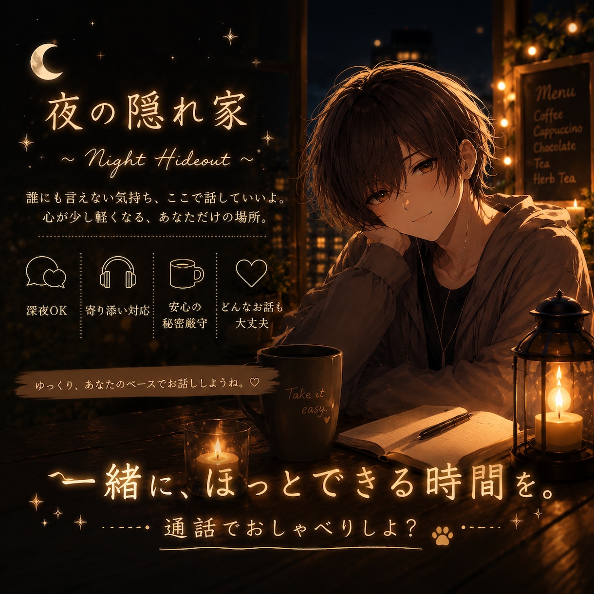 夜の隠れ家でゆるっと通話♪なんでもお話しします 話したいことがなくてもOK♪愚痴も雑談も気軽にどうぞ！ イメージ1