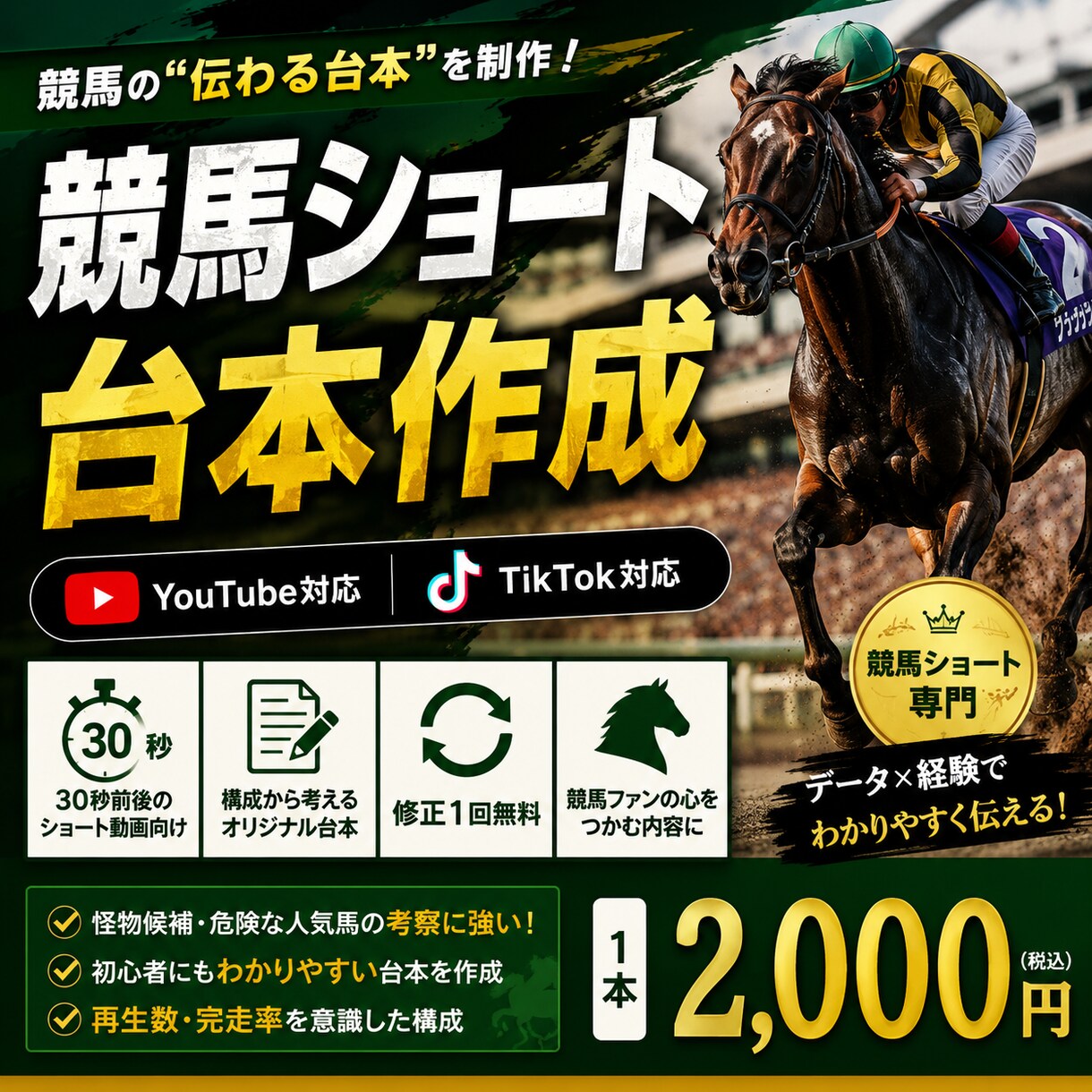 競馬YouTubeショート30秒台本を作成します レース傾向、危険な人気馬など競馬ショート向けの台本を作成 イメージ1