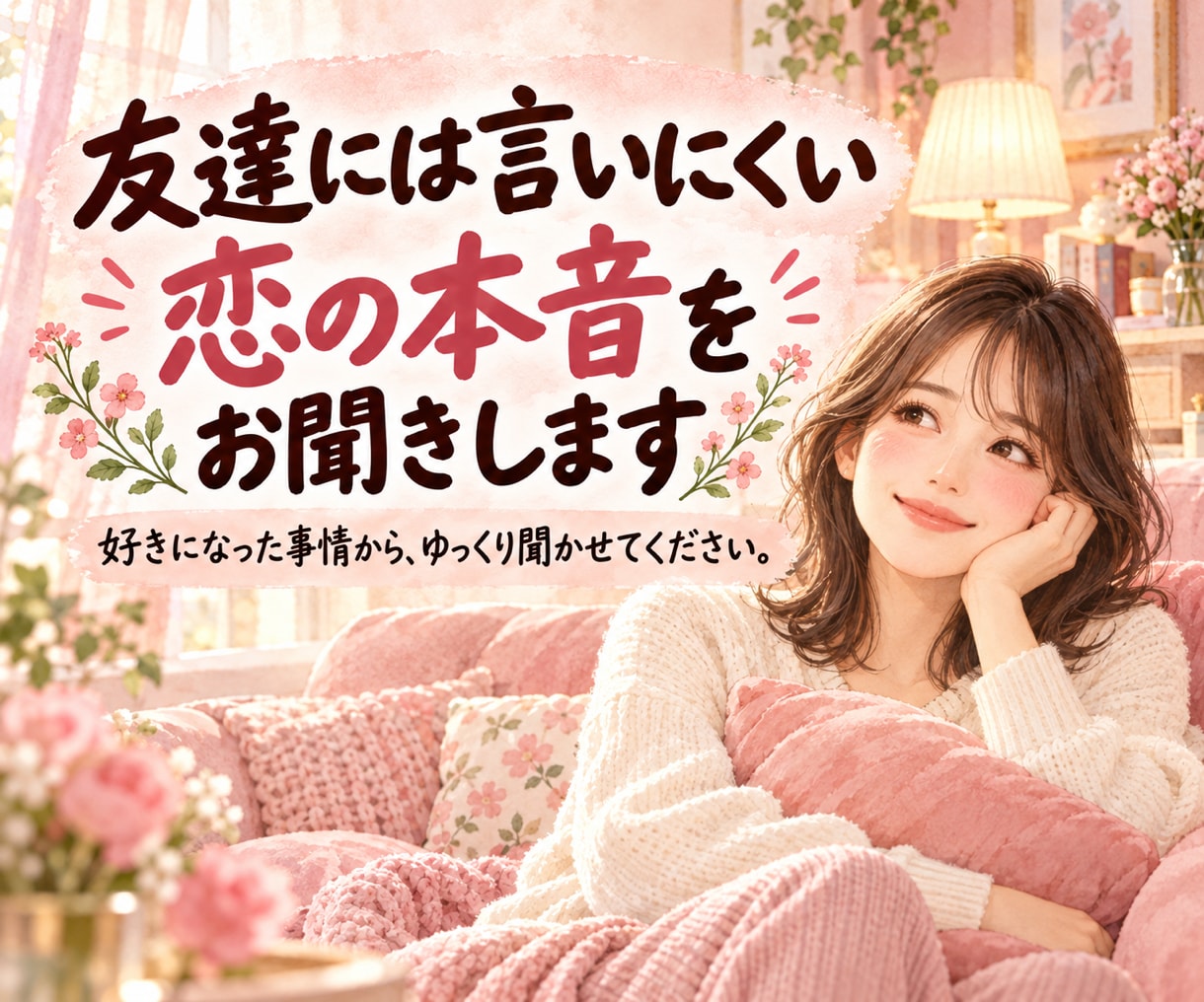 友達には言いにくい恋の本音をお聞きします 好きになったきっかけから、ゆっくり聞かせてください。 イメージ1