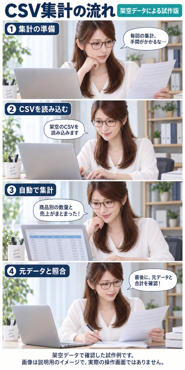 売上CSVの集計を自動化します 1種類のCSVから商品別数量・売上を自動集計 イメージ2