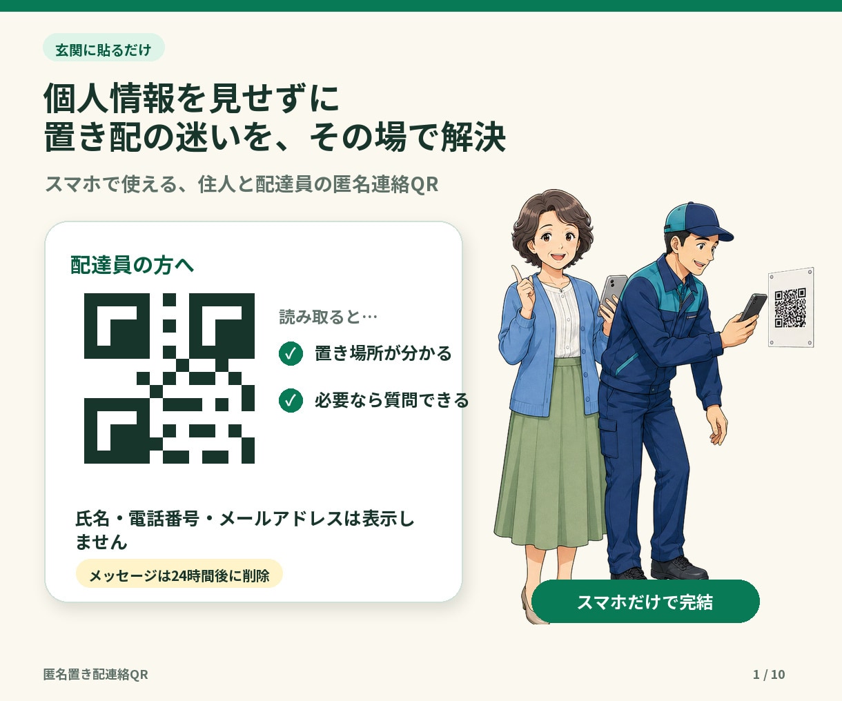個人情報を出さずに置き配連絡できるQRを設定します スマホだけで置き場所確認・匿名質問・返信まで完結 イメージ1