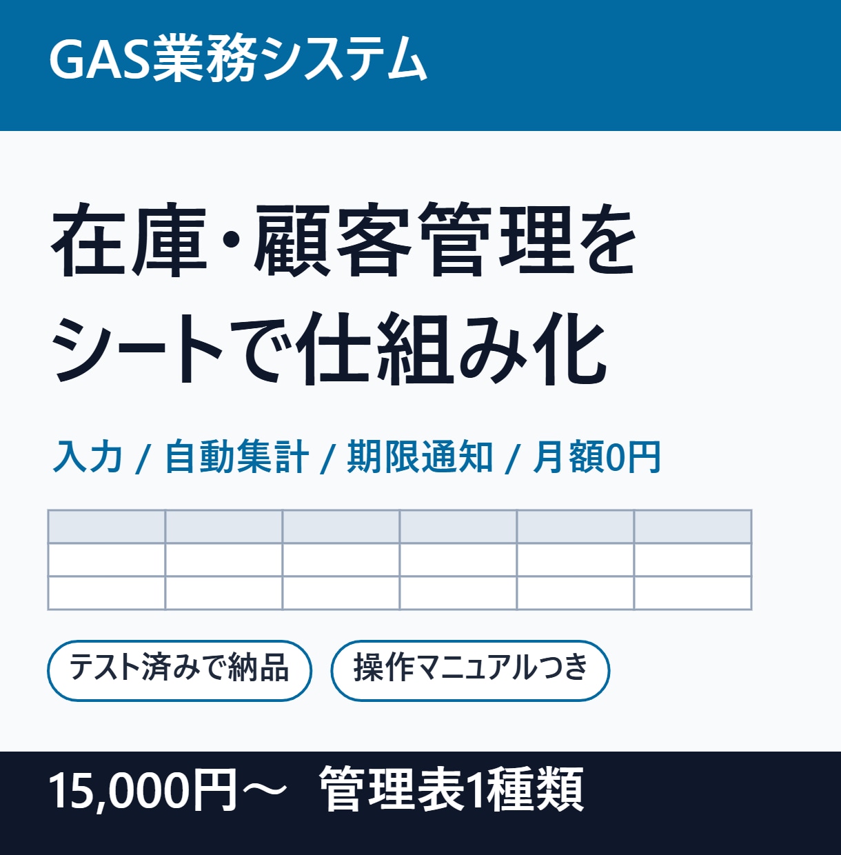 スプレッドシートで在庫・顧客管理システムを作ります GASで入力・集計・通知まで。月額費用なし イメージ1