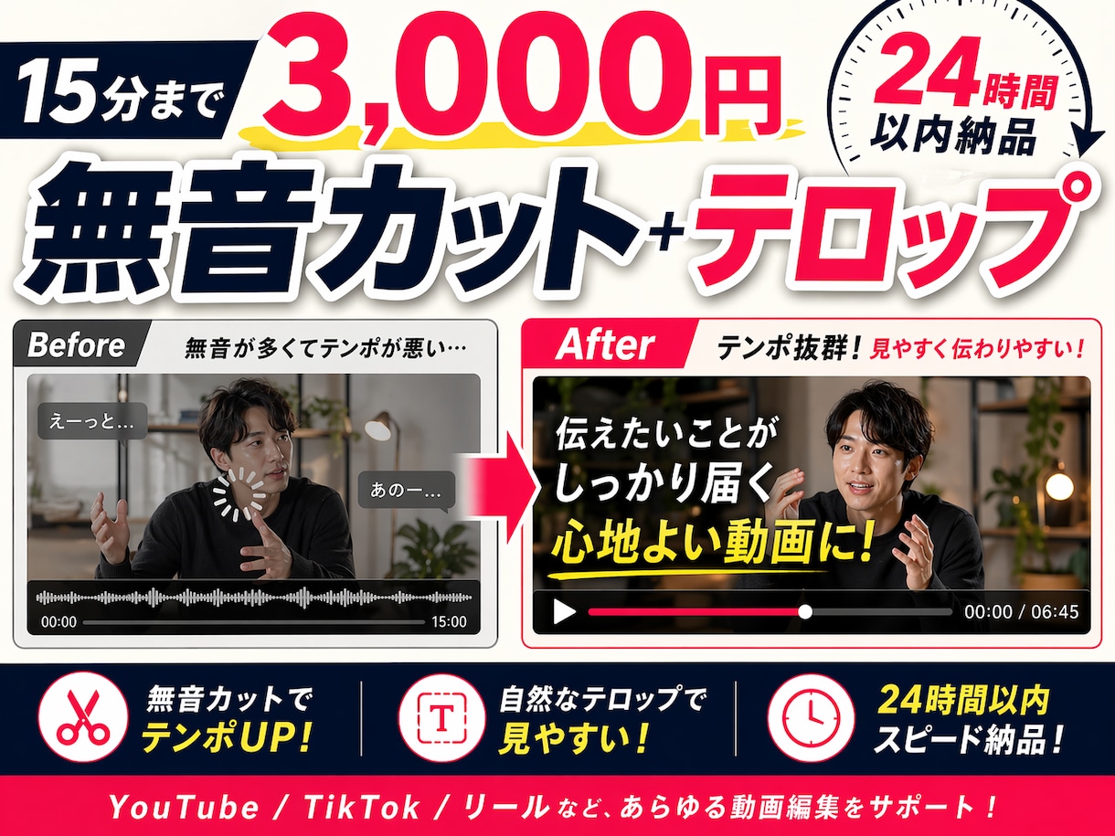 15分迄OK｜AIテロップ・無音カット代行します 最新AIで動画の「間」を詰め、読みやすい字幕を挿入します イメージ1