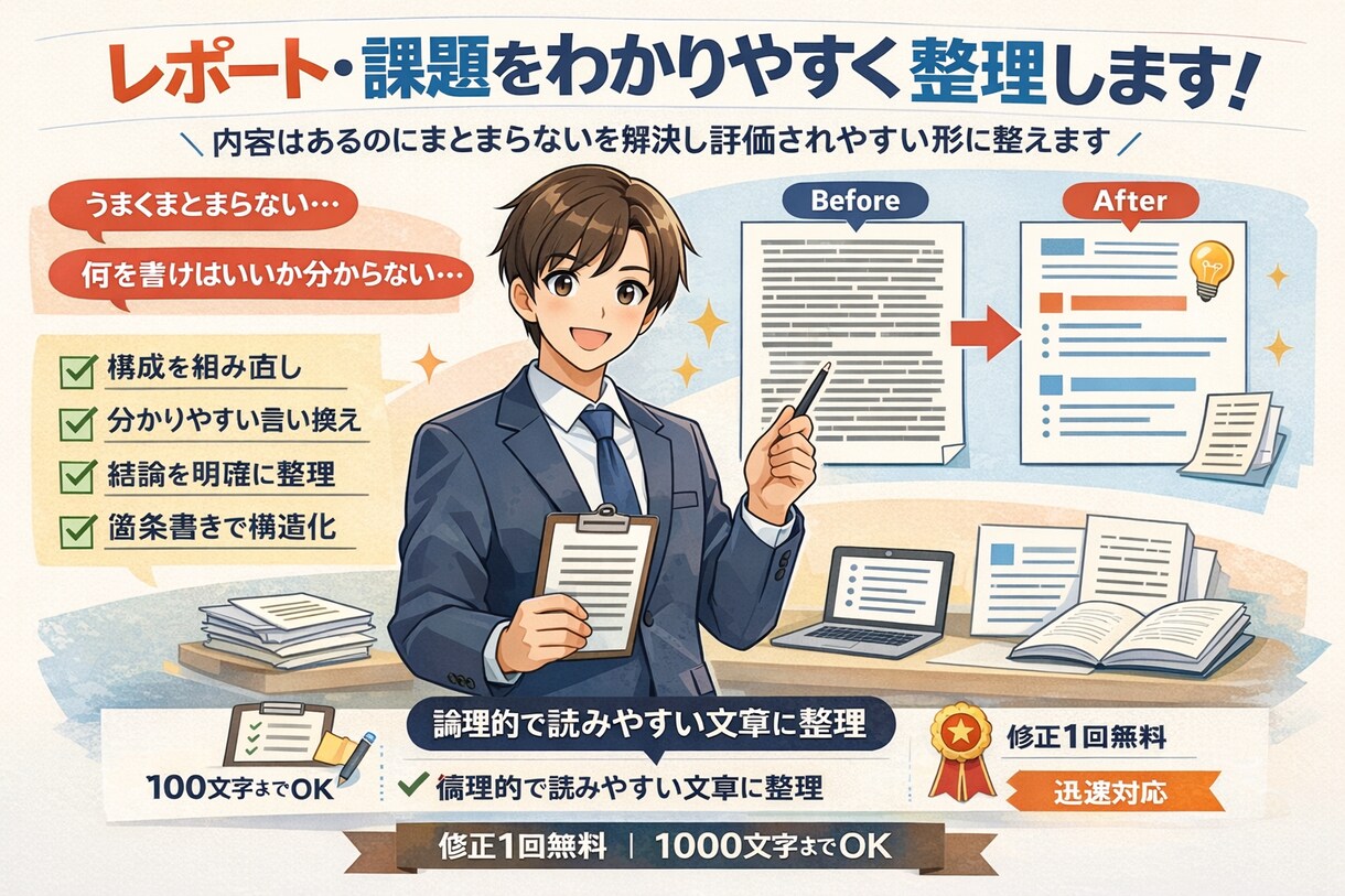 レポート・課題をわかりやすく論理的に整理します 内容はあるのにまとまらないを解決し評価されやすい形に整えます イメージ1