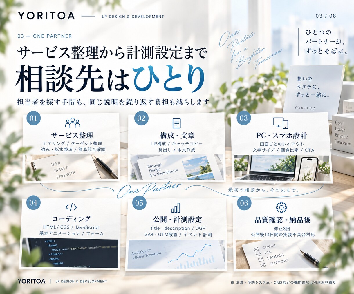 反応が見えるLPを構成設計から実装まで制作します 構成・文章・デザイン・実装・GA4計測まで一括対応します イメージ3
