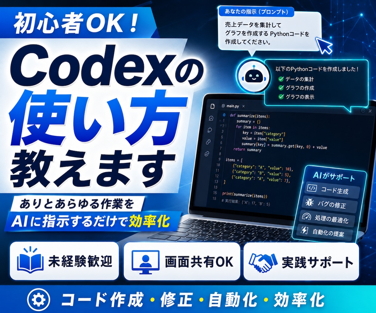 初心者OK！Codexの使い方教えます プログラミング未経験OK！AIに指示するだけで作業効率化 イメージ1