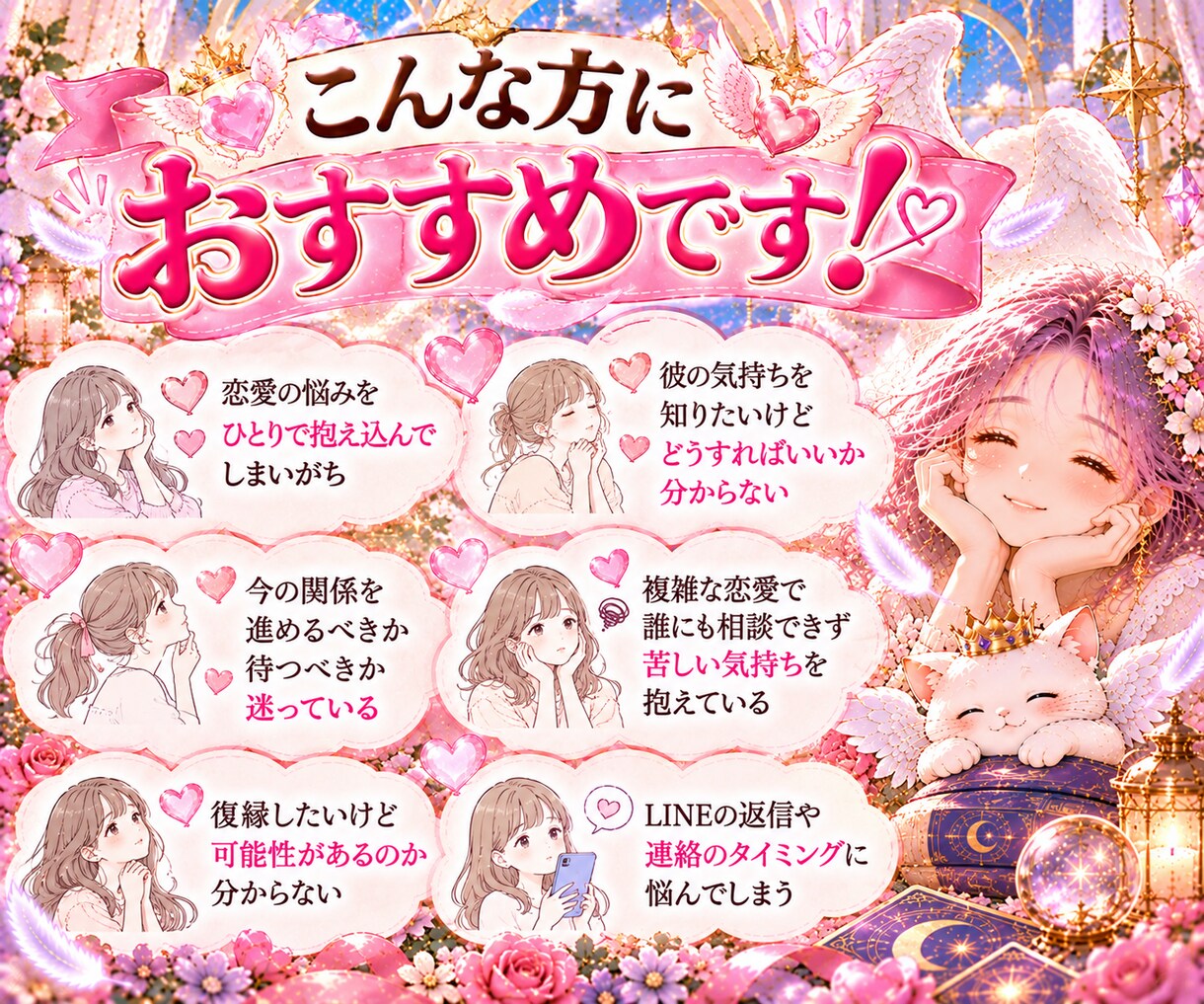 その恋愛のお悩み、こっそりお聞きして心を軽くします 心のモヤモヤをすぐにふわっと明るく✨素早くお悩みにアプローチ イメージ5