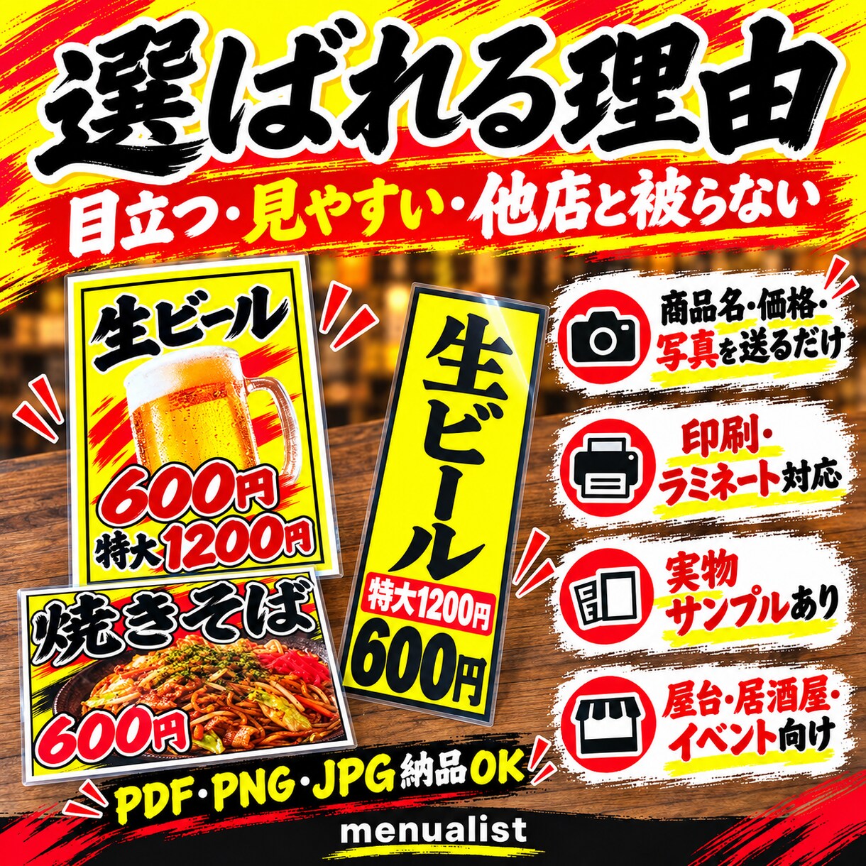 飲食店の目立つPOPを作ります 居酒屋・屋台向け！届いたらすぐ使える！印刷・ラミネート対応 イメージ2