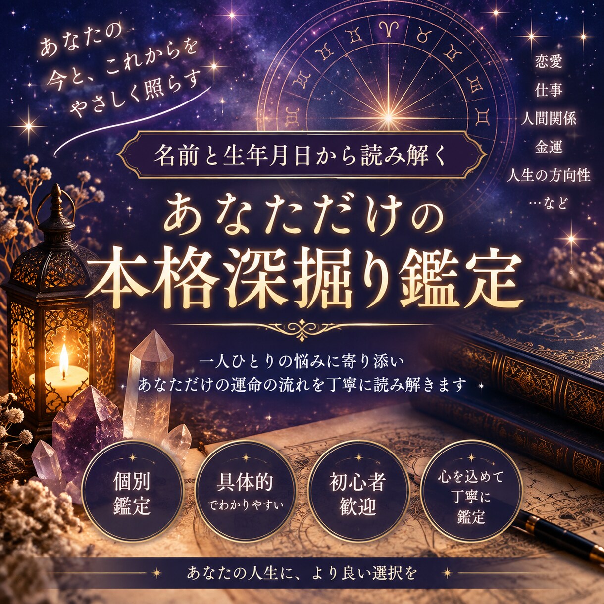 名前と生年月日からあなただけの本格深掘り鑑定。ます あなたの人生を、表面的な占いで終わらせない。 イメージ1