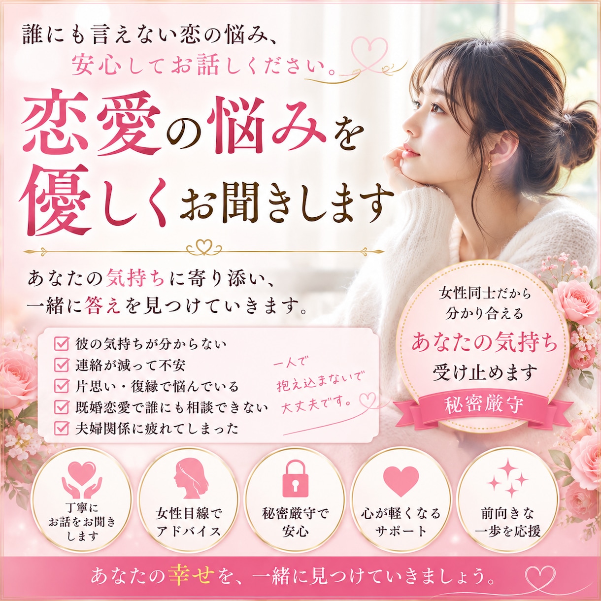 誰にも言えない恋愛の悩みを優しくお聞きします 一人で抱え込まなくて大丈夫。あなたの気持ちを吐き出して。 イメージ1