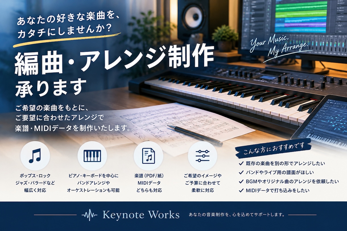 プロのキーボーディストがご希望に合わせて編曲します バンドアレンジ・ピアノアレンジからコードアレンジまで対応 イメージ1