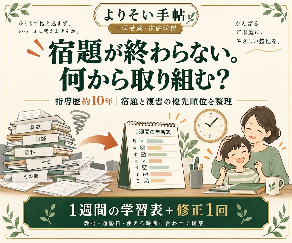 中学受験の宿題と復習の優先順位を整理します 指導歴約10年｜１週間の学習表と修正１回付き イメージ1