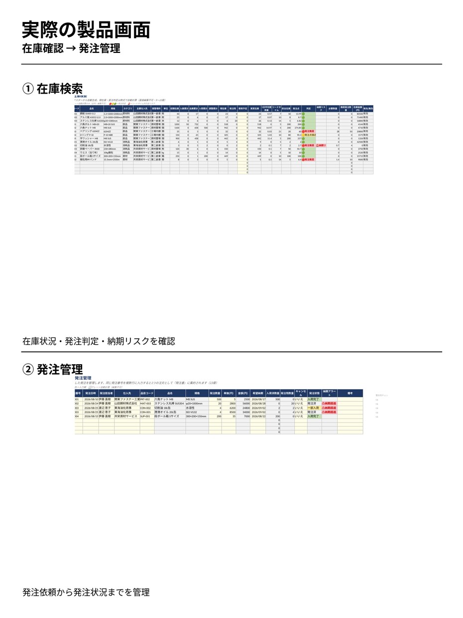 Excelで在庫・発注業務を一元管理します 在庫を見るExcelから、仕事を進めるExcelへ。 イメージ4