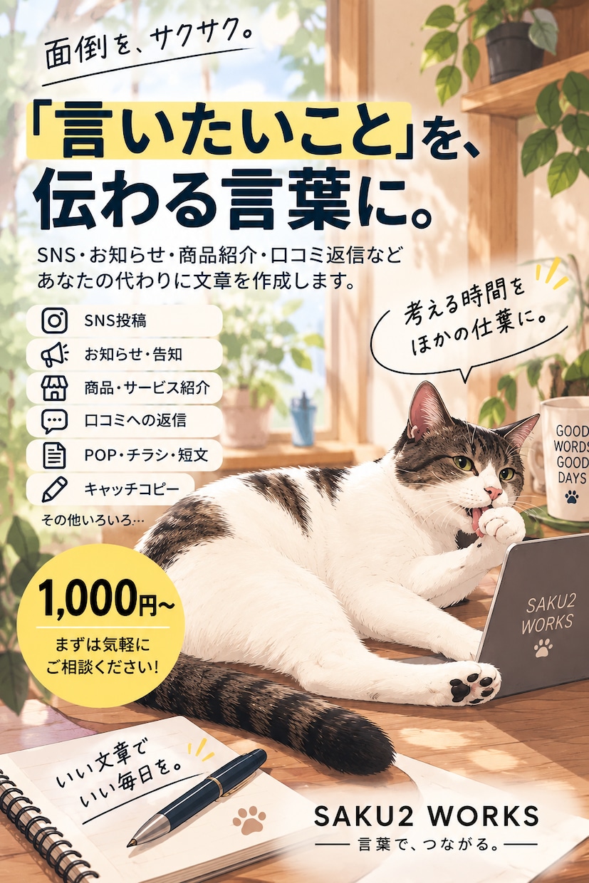 SNS・お知らせなどの文章を作ります 箇条書きからでも、伝わる文章にサクッと整えます イメージ1