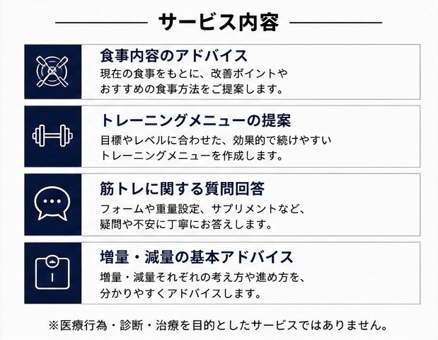 筋トレ初心者向け｜ボディメイクの相談に乗ります 筋トレや食事の悩みを一人ひとりに合わせてサポートします。 イメージ3