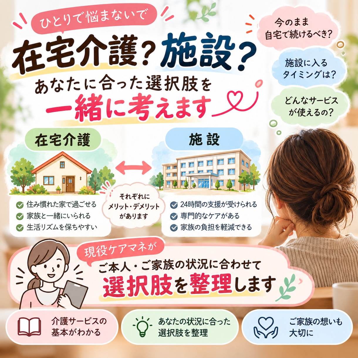 在宅介護や施設選びを現役ケアマネが一緒に整理します 在宅？施設？迷うご家族の選択肢を一緒に整理 イメージ3