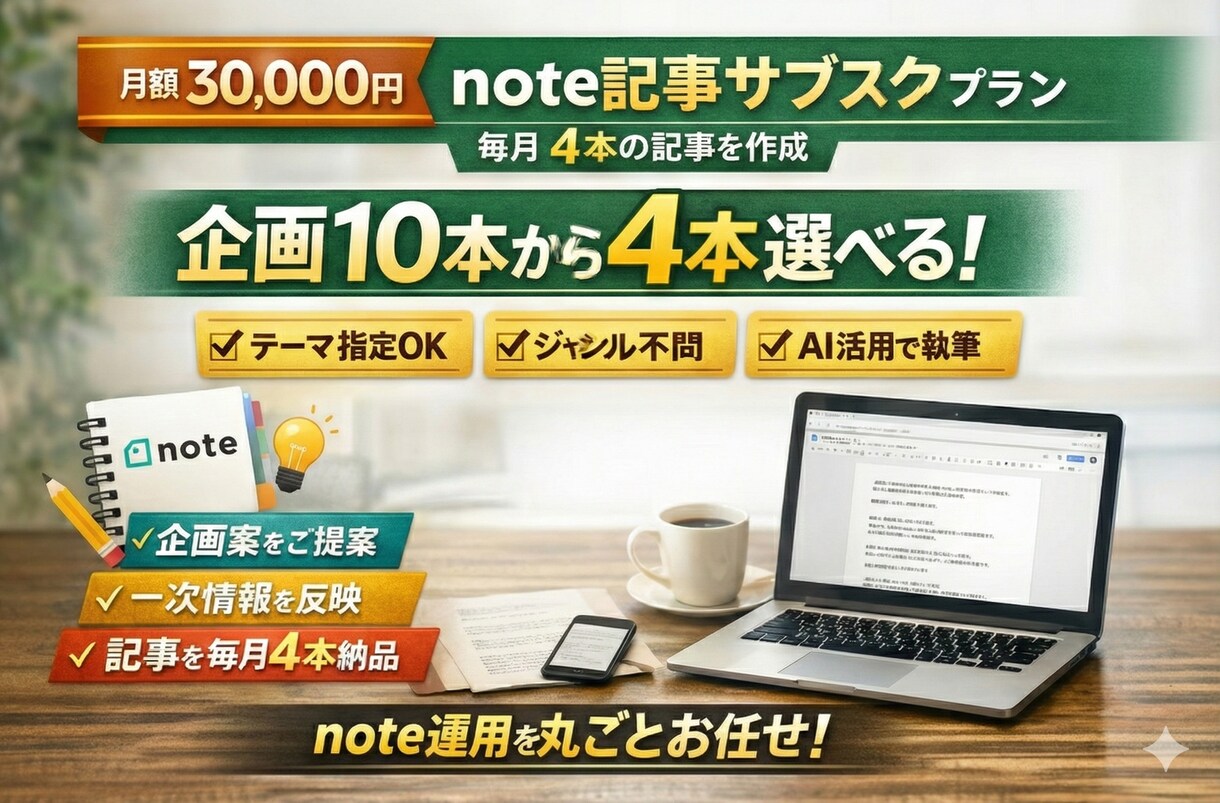 記事代行.note記事毎月4本/10案から選べます 企画が尽きない「月10本案」読まれる構成で、毎月4本を納品。 イメージ1