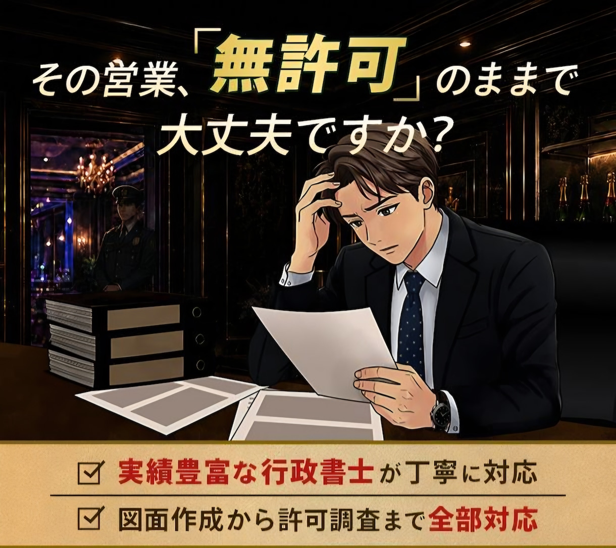 行政書士が許可申請、届出代理、書類作成いたします 特に警察署に提出する申請や、届出などはお任せください。 イメージ1