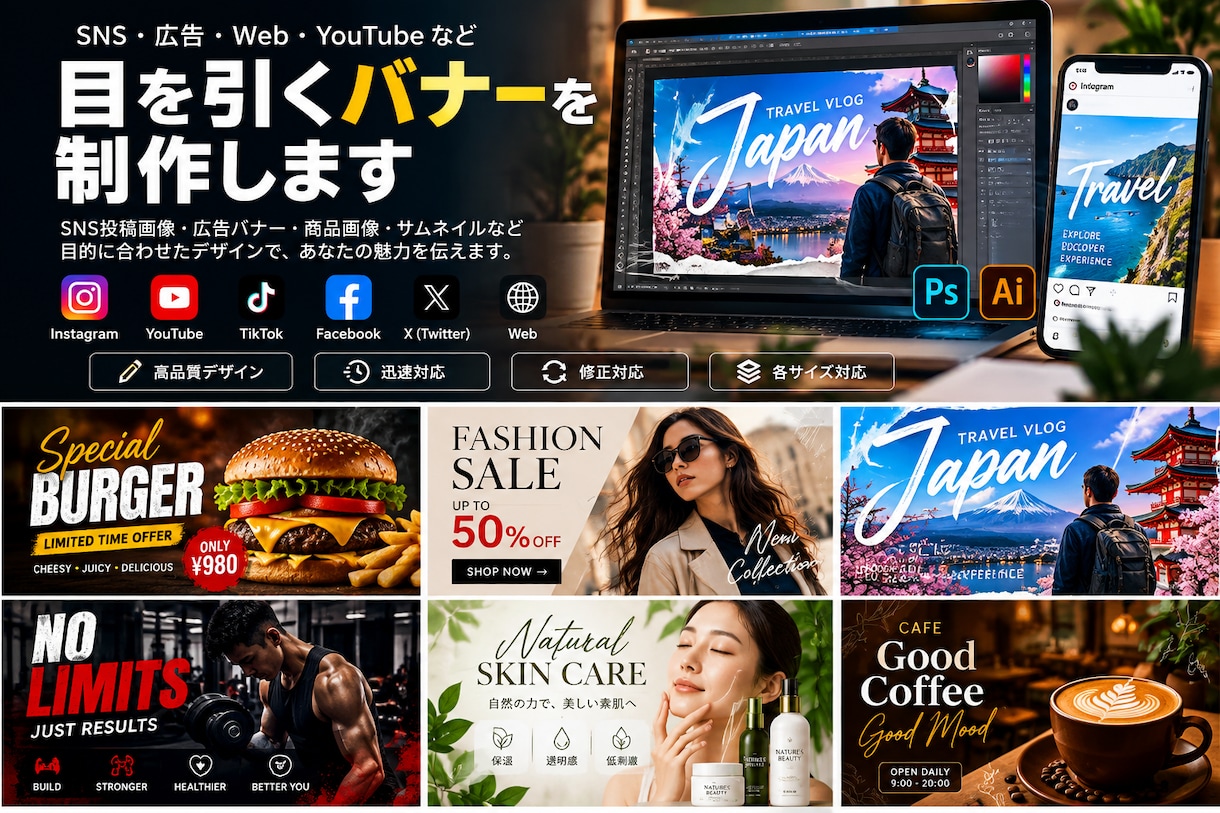 SNS・広告用の目を引くバナーを制作します SNS・Web広告・商品画像まで丁寧に対応します イメージ2
