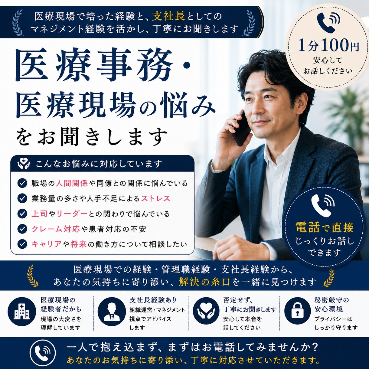 医療事務・医療現場の悩みをお聞きします 現場経験者、管理職経験者が丁寧にお聞きします イメージ1