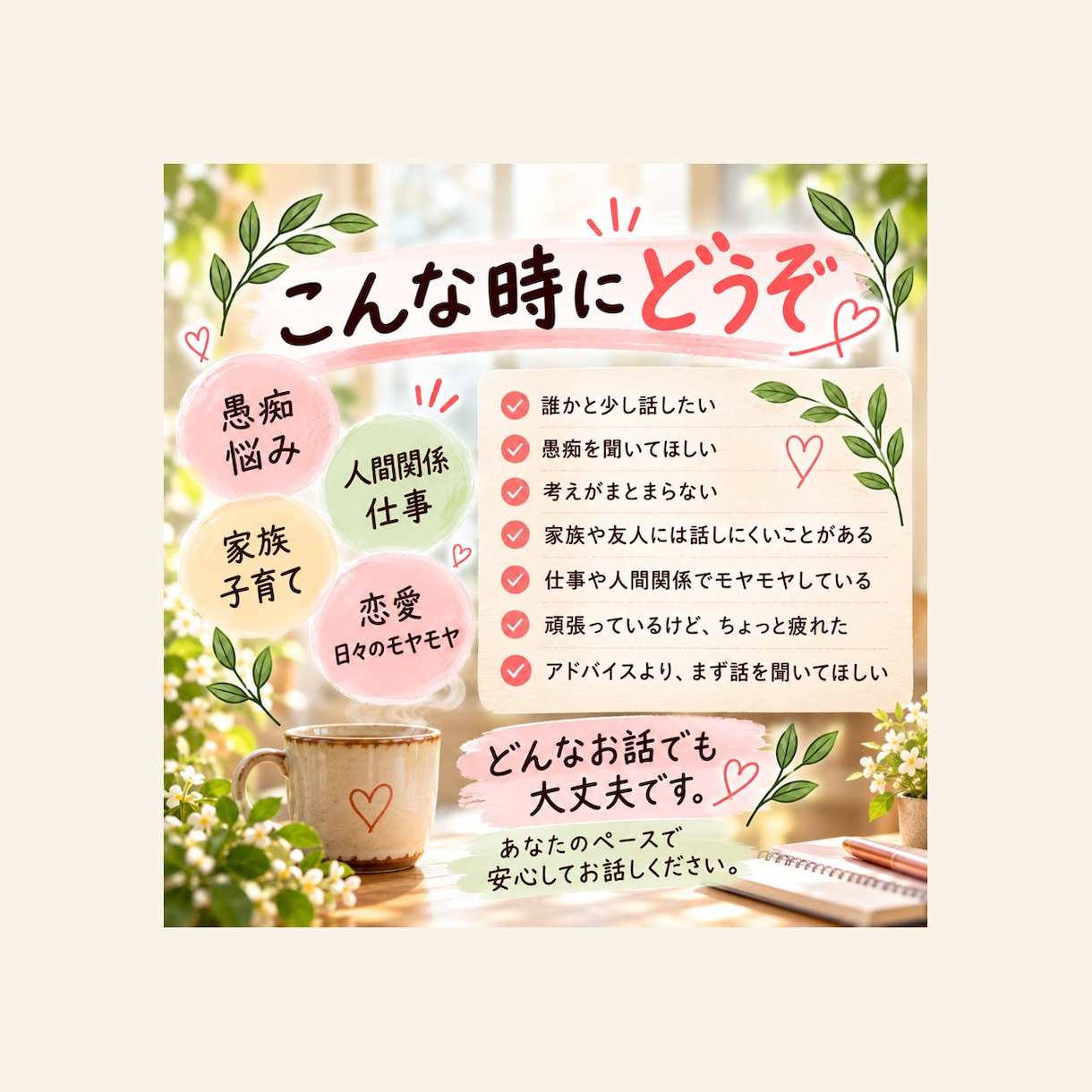 誰にも言えない話、ゆっくり聞きます 愚痴も悩みも、まとまってなくて大丈夫。ゆっくりお話しください イメージ2