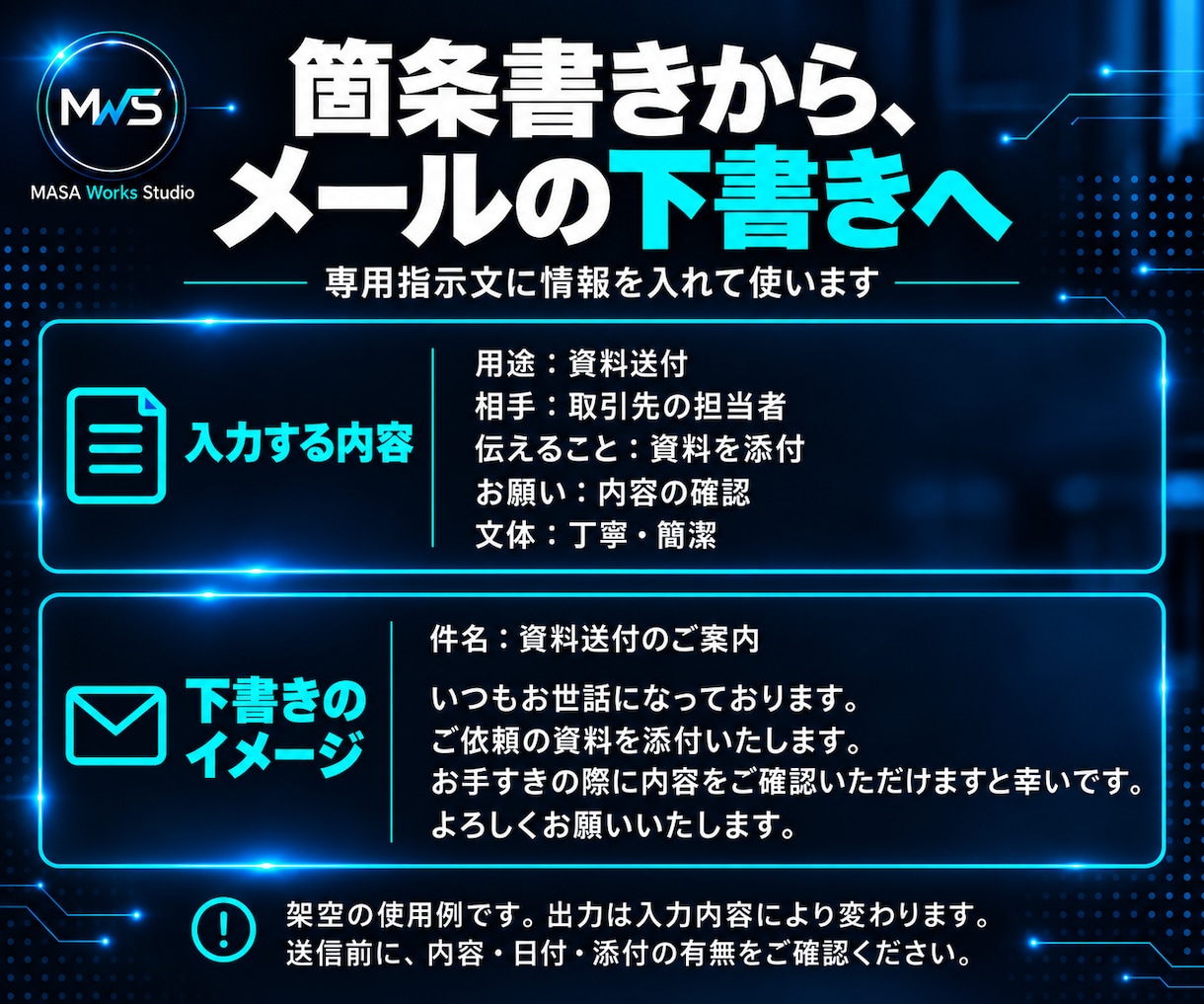 取引先メール用のChatGPT指示文を作ります 箇条書きから、仕事に合うメールの下書きを作れる形へ イメージ2