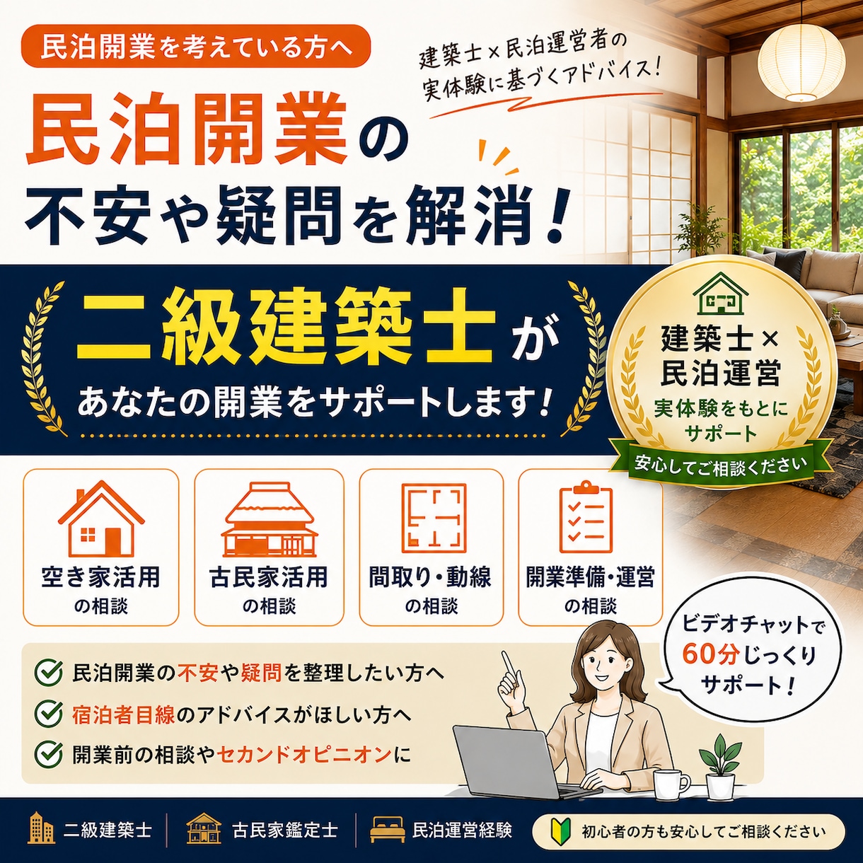 民泊開業の不安や疑問に二級建築士がお答えします 民泊運営経験を活かしてサポートします イメージ1