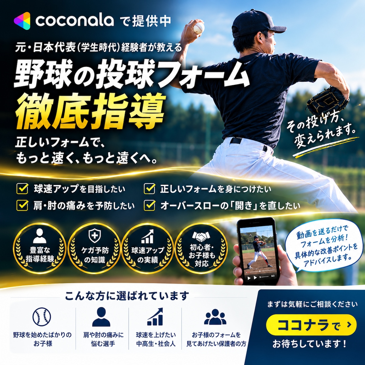 球速アップする投球フォーム指導します スマホ動画を送るだけ！ 投球フォーム動作診断⚾️ イメージ1