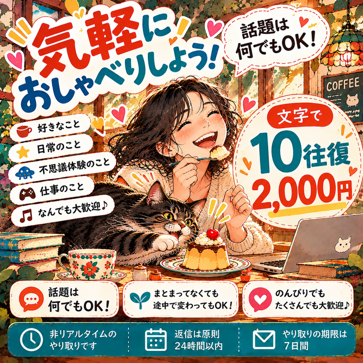 話題は何でもOK！文字で気軽におしゃべりします 好きなことも、どうでもいい話も♪ 10往復、自由に楽しく！ イメージ1