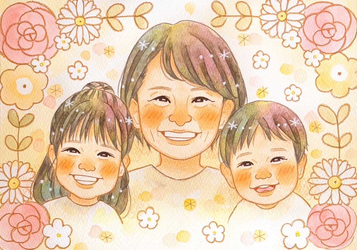 送料無料！！思い出をやさしい水彩似顔絵にします お祝いに大人気♡ご家族の大切な記念日やお祝いのプレゼントに♡ イメージ1