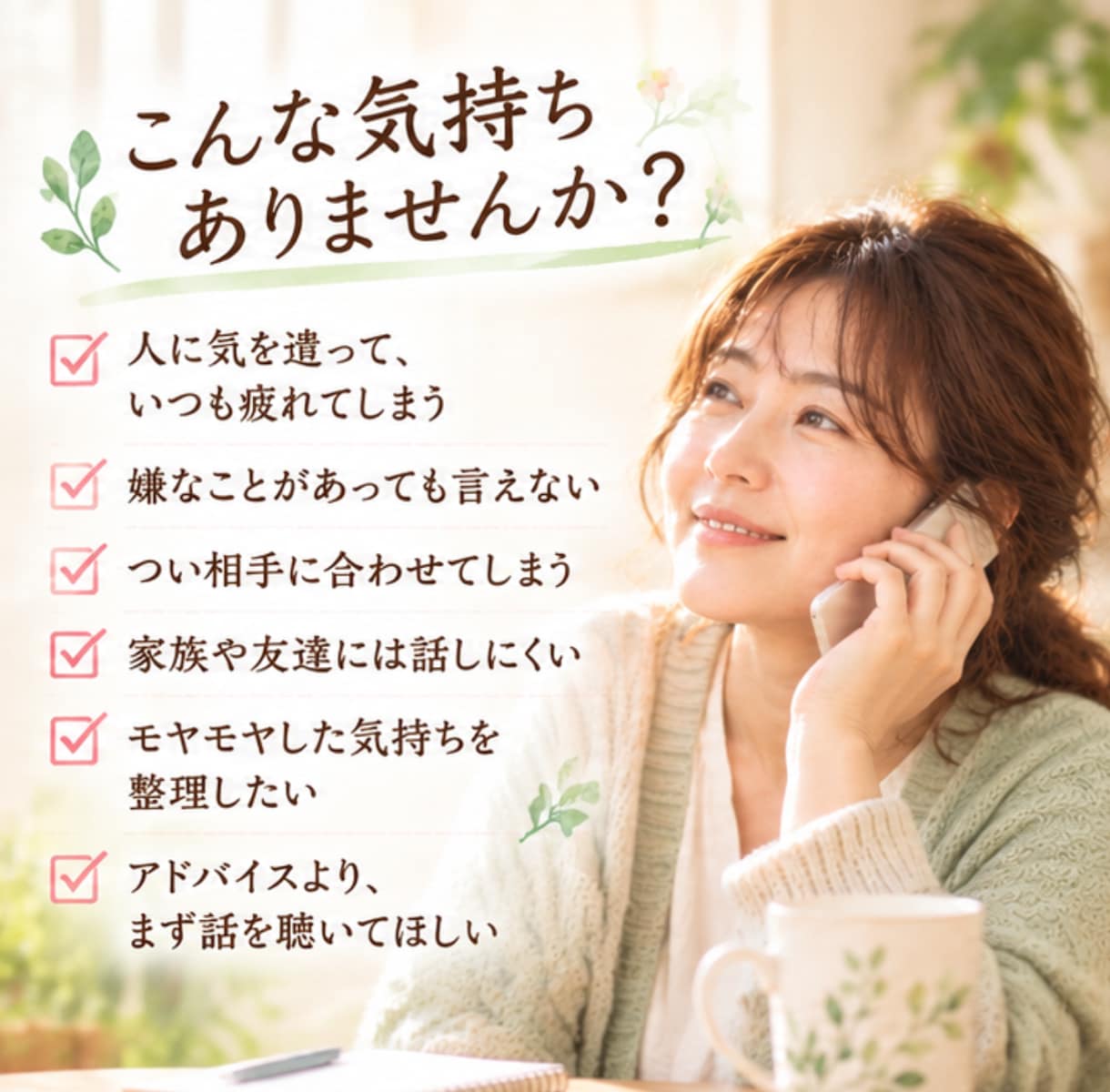 人に気を遣いすぎて疲れたあなたのお話を聴きします 我慢してきた気持ちを、安心して話せる場所です イメージ2