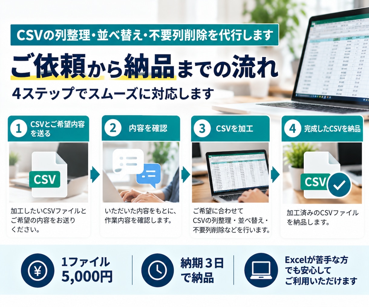 CSVの列整理・並べ替え・不要列削除を代行します CSVの列順変更や項目整理を、1ファイル5,000円で対応 イメージ3