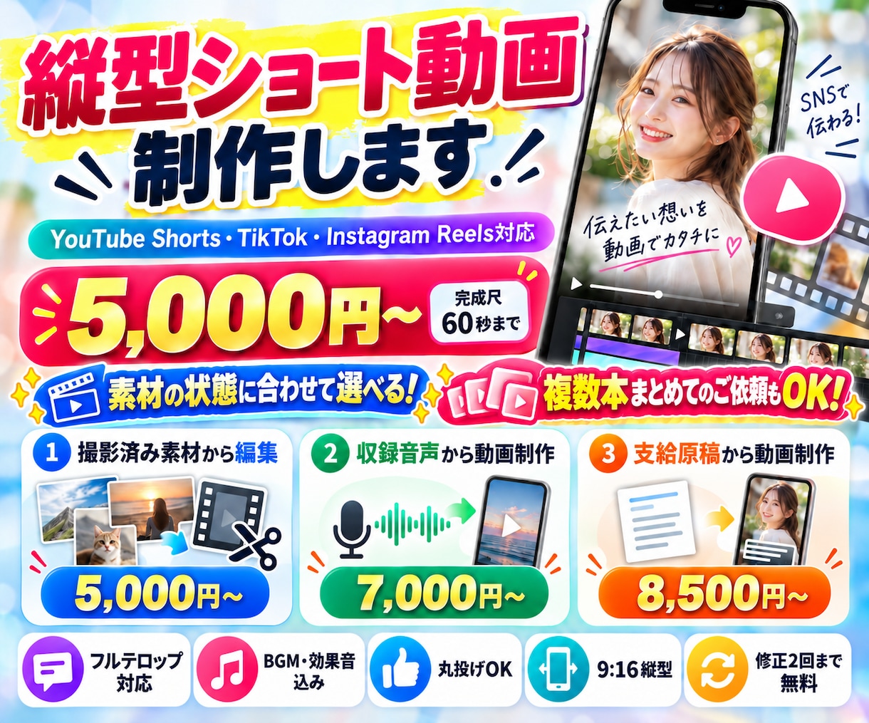 ショートやTikTokなど縦動画の編集をします 撮影素材・音声・支給原稿から縦型ショートを制作！丸投げOK イメージ1