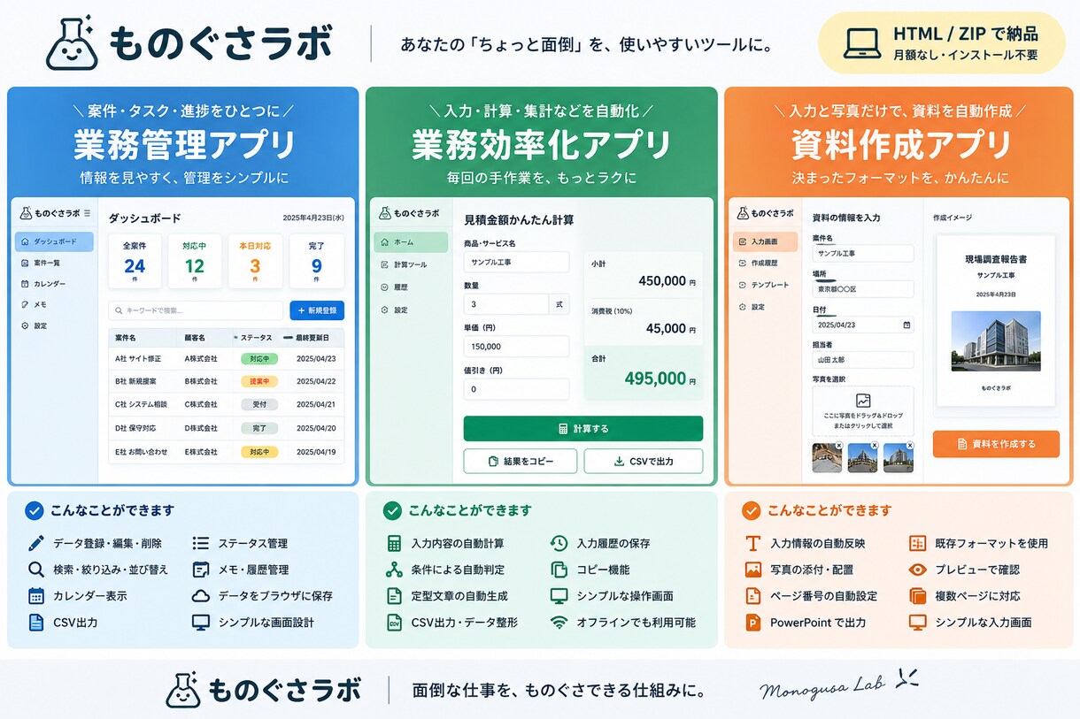 面倒な業務を専用ツールで効率化します Excel・紙の手作業を買い切りツールにします イメージ9