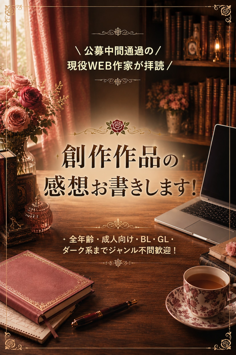 公募中間通過の現役作家が小説の感想をお書きします BL・二次・R18も歓迎！現役作家が全力で応援します イメージ1